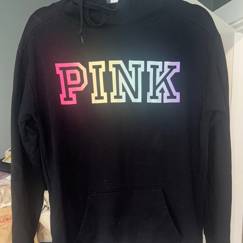 PINK Victoria's Secret Black Sweater with Multicolor Logo
